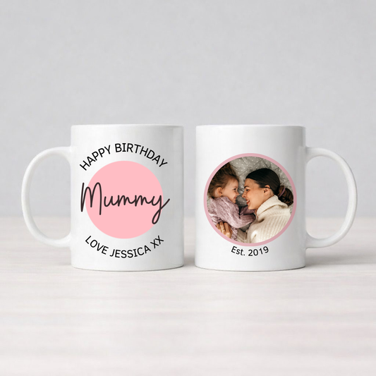 Two personalised mugs with one displaying 'Happy Birthday Mummy' and the other with a photo of two people.
