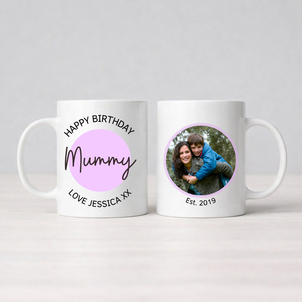Two personalized mugs with one displaying 'Happy Birthday Mummy' and the other with a photo of a woman and child.