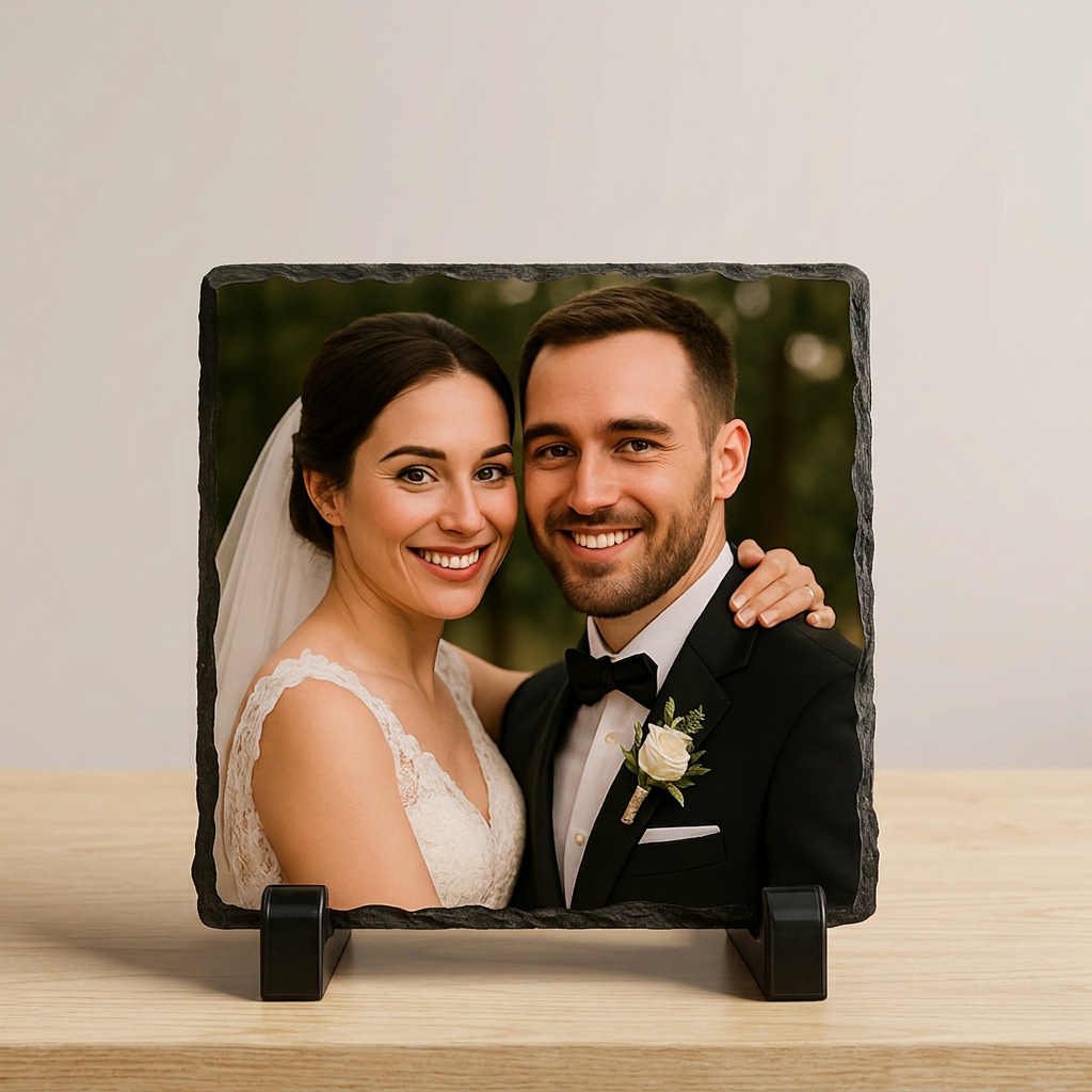 Slate photo plaque with a bride and groom on a wooden surface