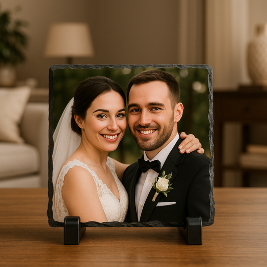 Slate photo plaque with a bride and groom in a home setting