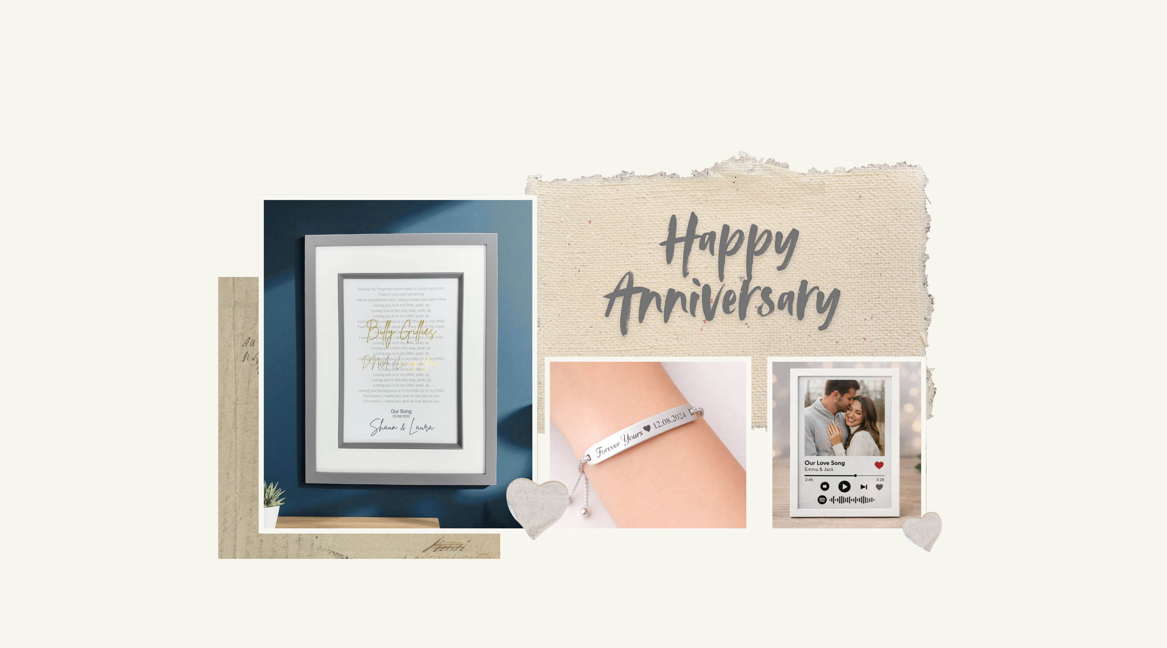 Collection of anniversary-themed items including a photo frame, wristband, and digital photo album on a white background.