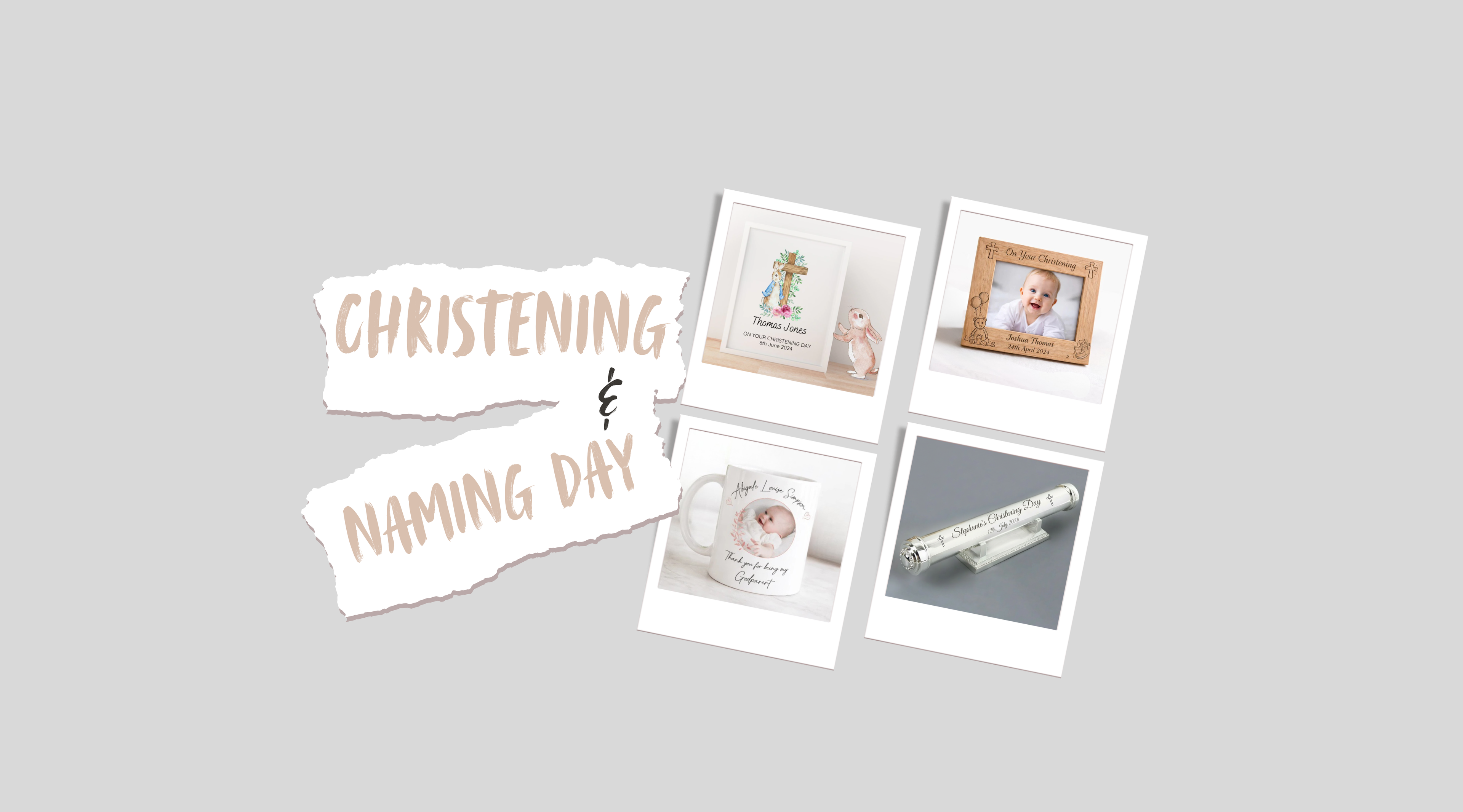 Polaroid-style photos of a baby with text 'Christening' and 'Naming Day' on a light gray background.