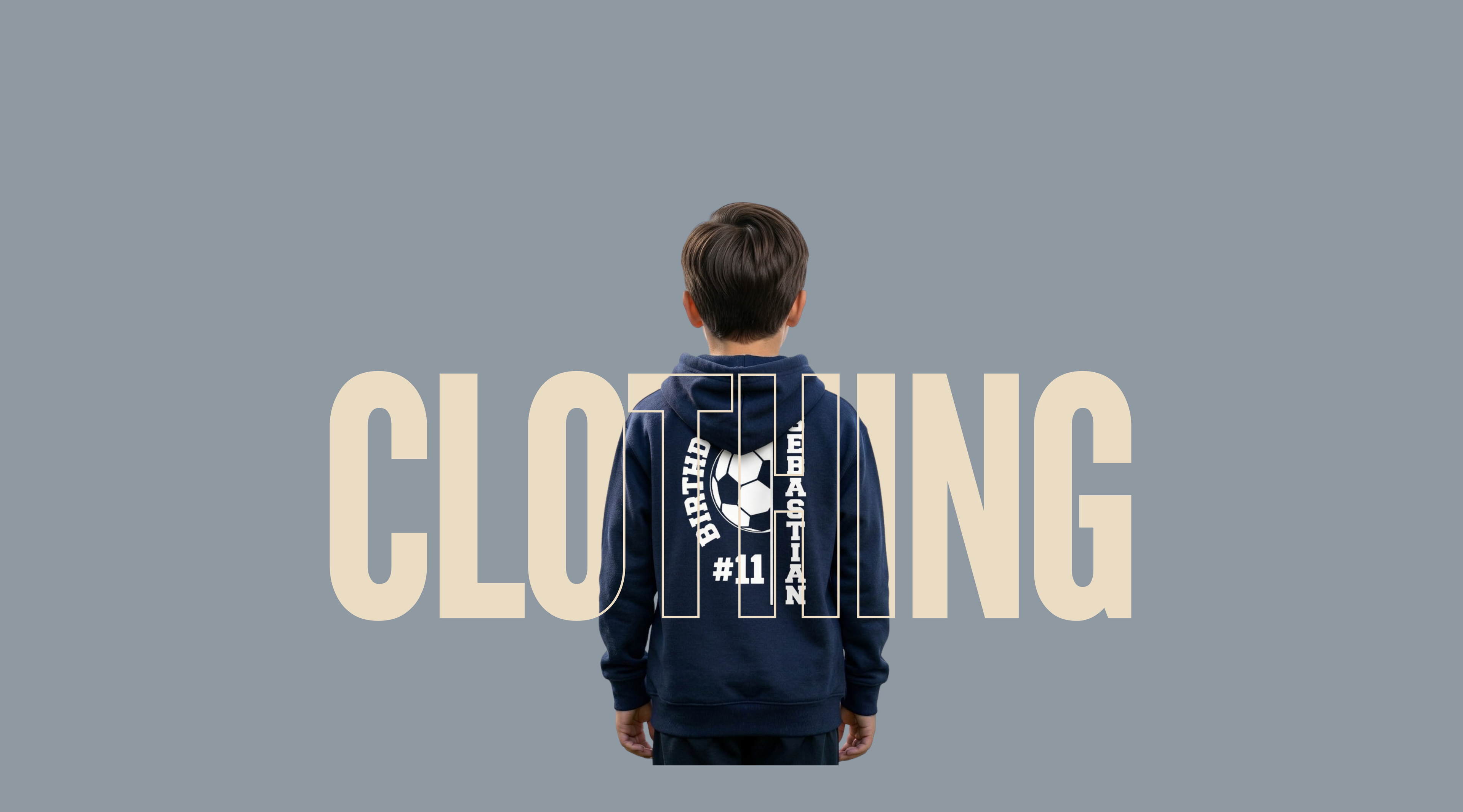 Person wearing a hoodie with visible branding on a gray background