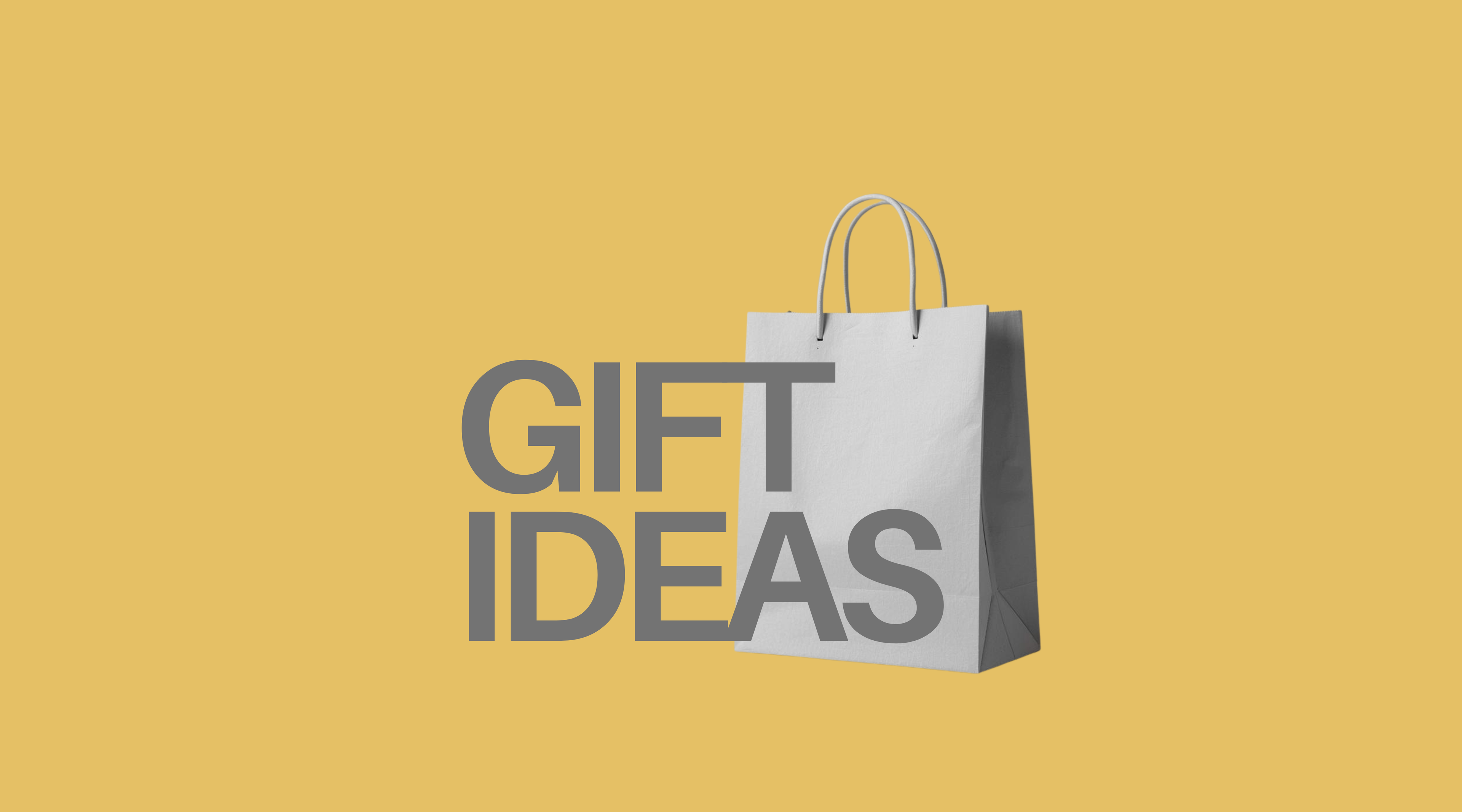 White gift bag with 'GIFT IDEAS' text on a yellow background