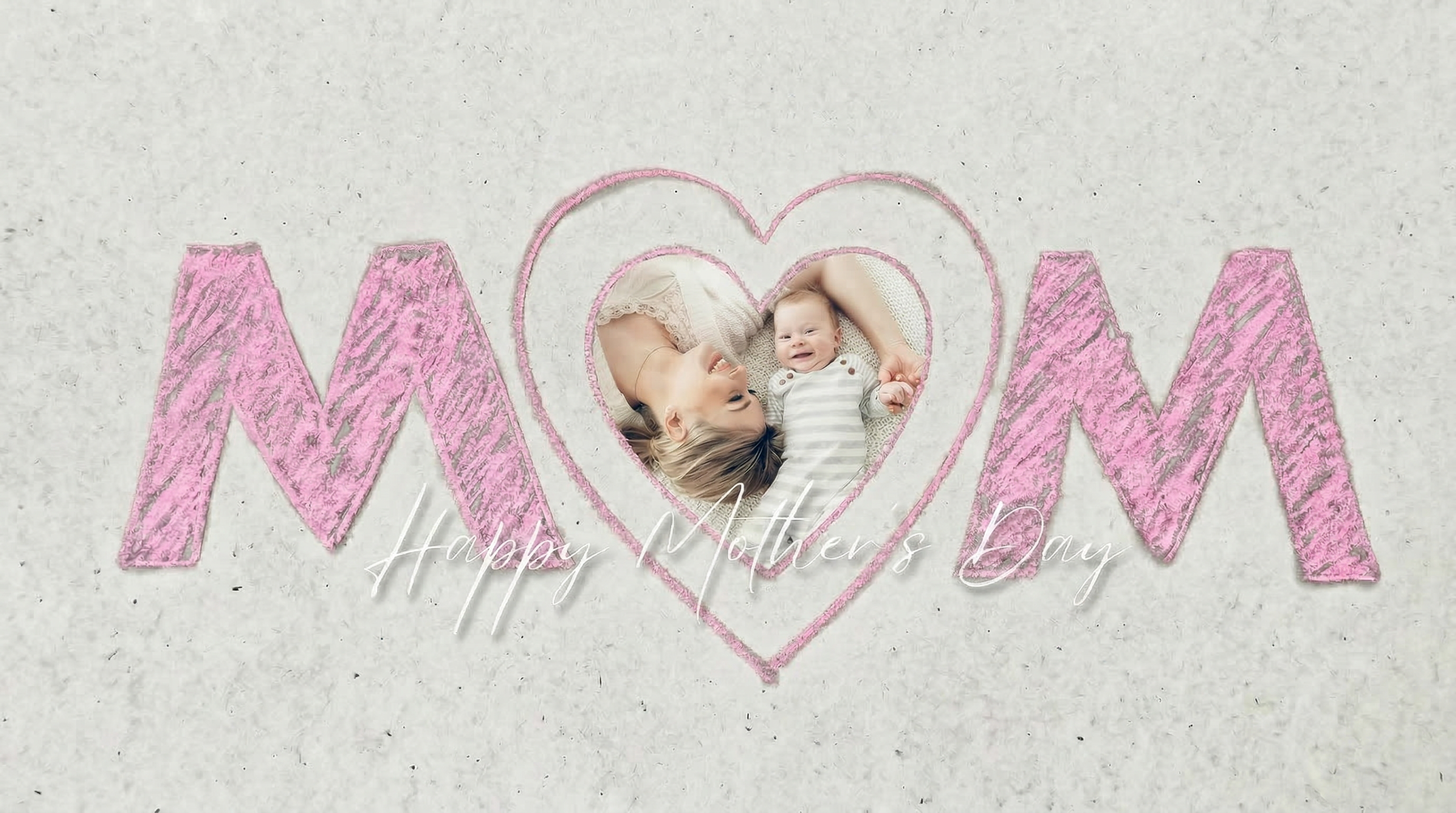 Mother and child with 'MOM' text and heart on a light background
