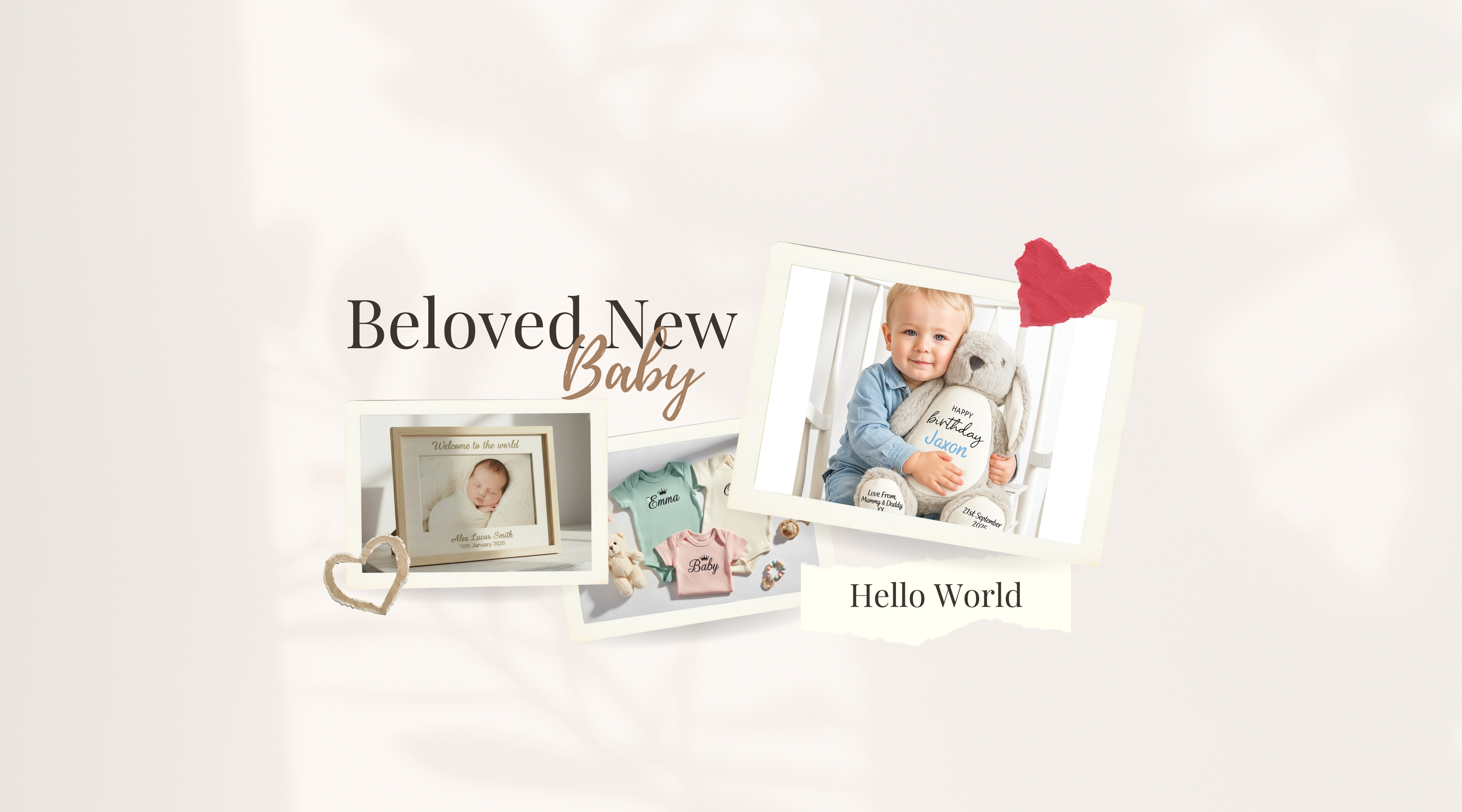 Baby-themed collage with photos of personalised gifts and text on a light background. 