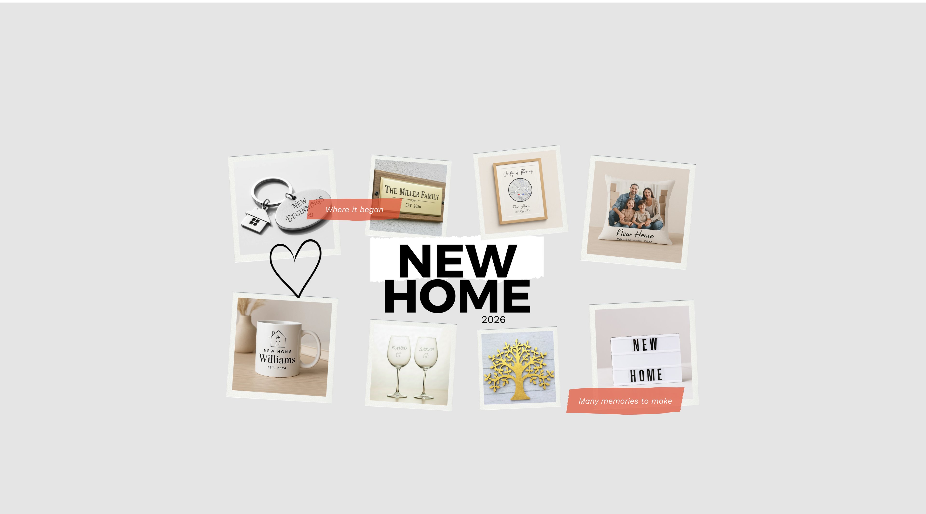 Collage of photos and cards with 'New Home' personalised gifts on a light grey background