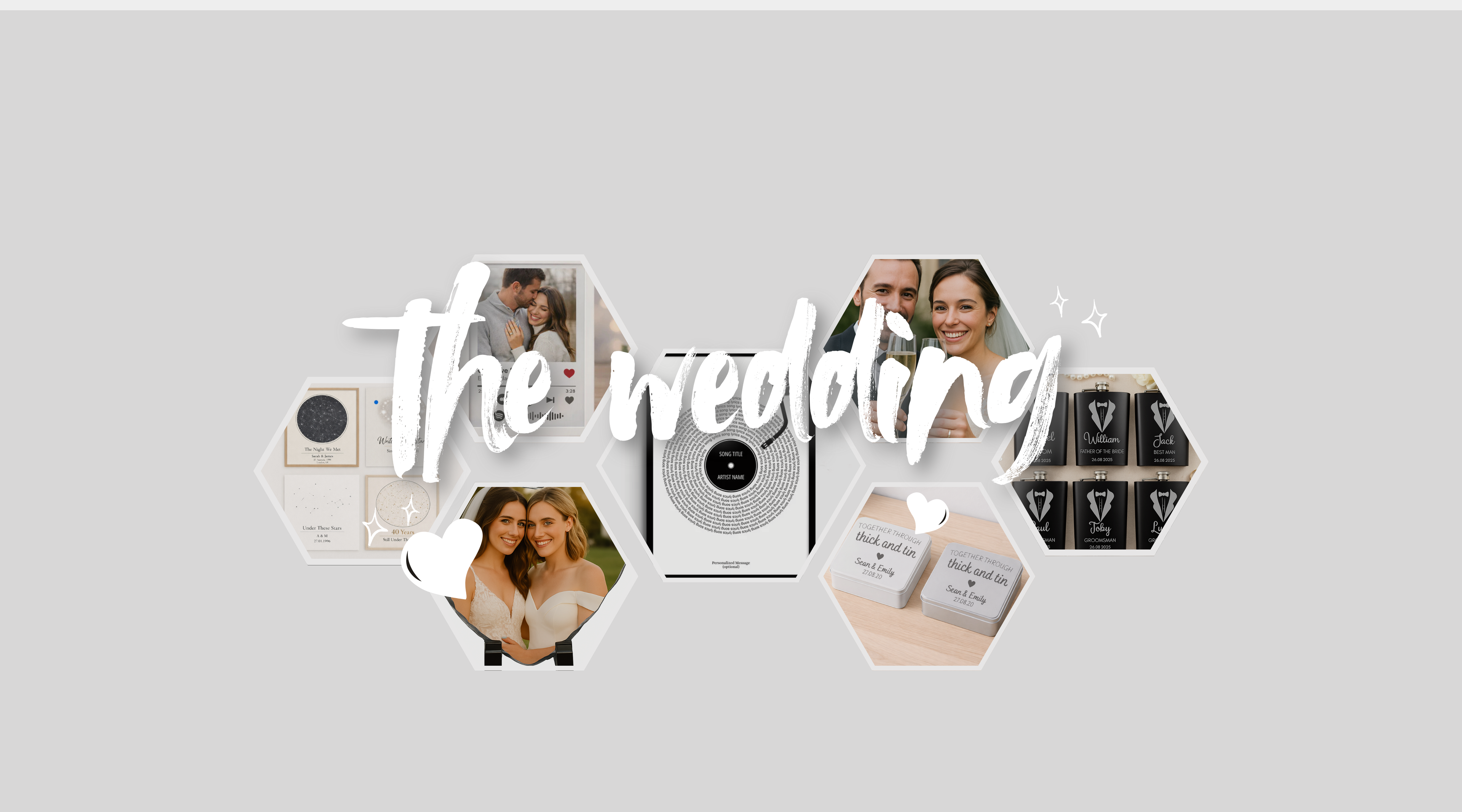 Hexagonal photo collage with personalised wedding gifts on a light grey background